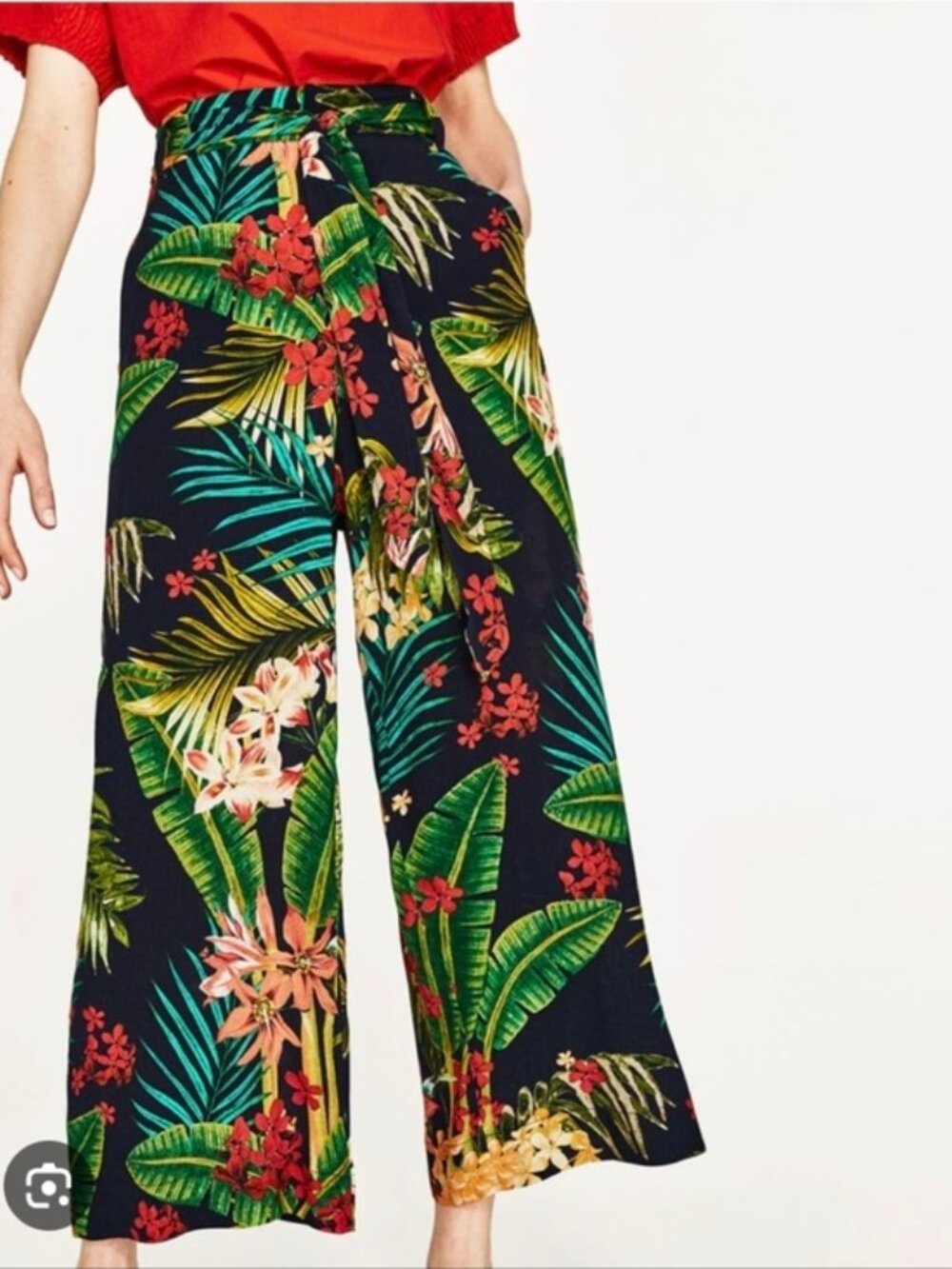 Zara Tropical Floral Wide-Leg Trousers with Tie Waist Size Medium